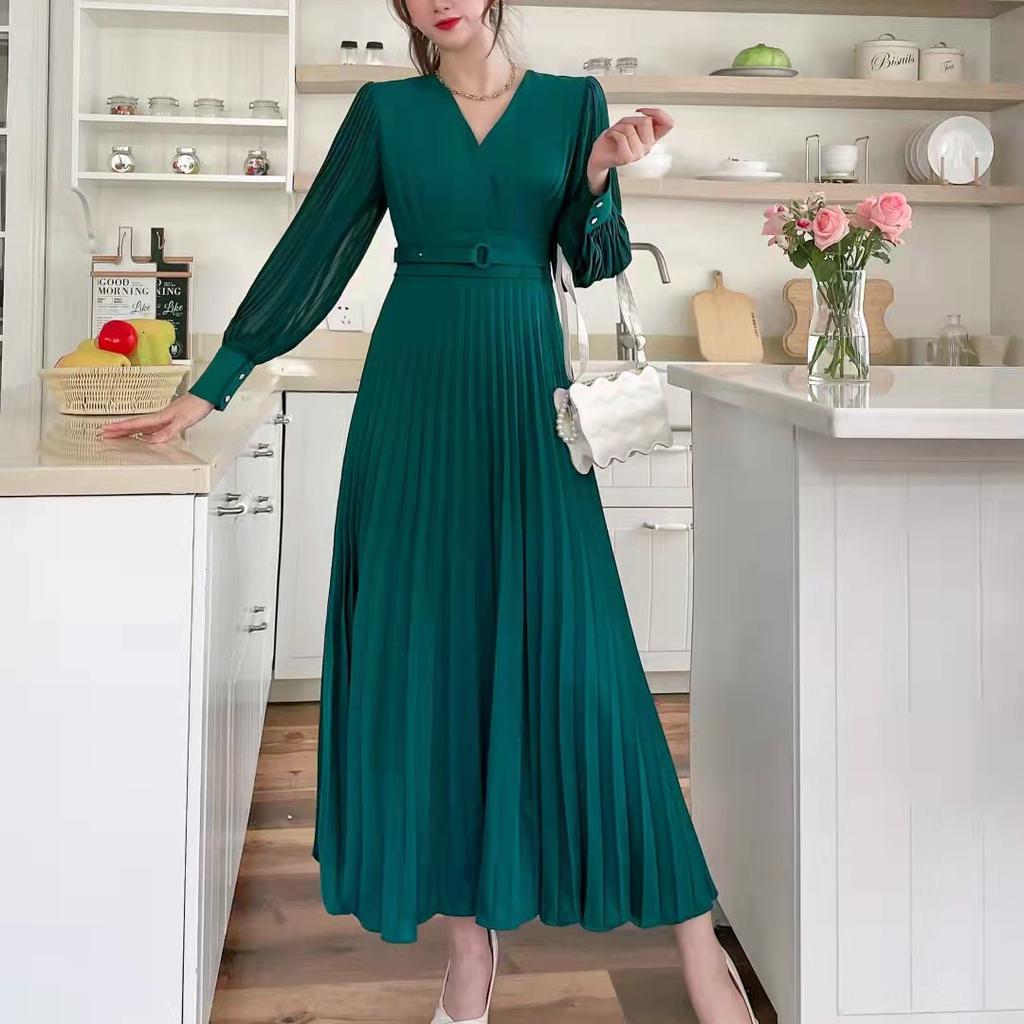 LYRIA Women Slim Pleated Maxi Dress with Belt Female Streetwear Vintage Dress Tie Front Dress  Robe