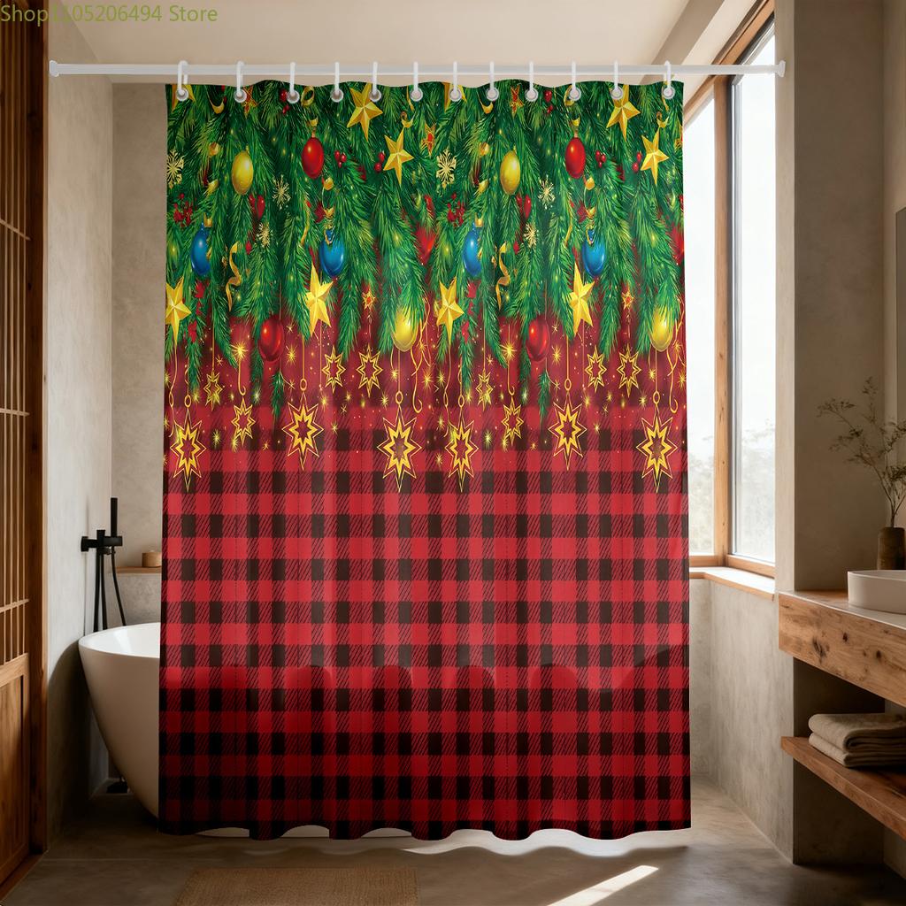 1pc Christmas Green Grid Print Waterproof Shower Curtain Partition Privacy Hanging Curtain 12 Hook Multiple Sizes
