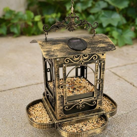 Solar Bird Feeder for Outdoors Hanging, Retro Carriage Shaped Metal Wild Bird Feeders, Solar Powered Garden Lantern for Patio, Yard, Gifts for Bird