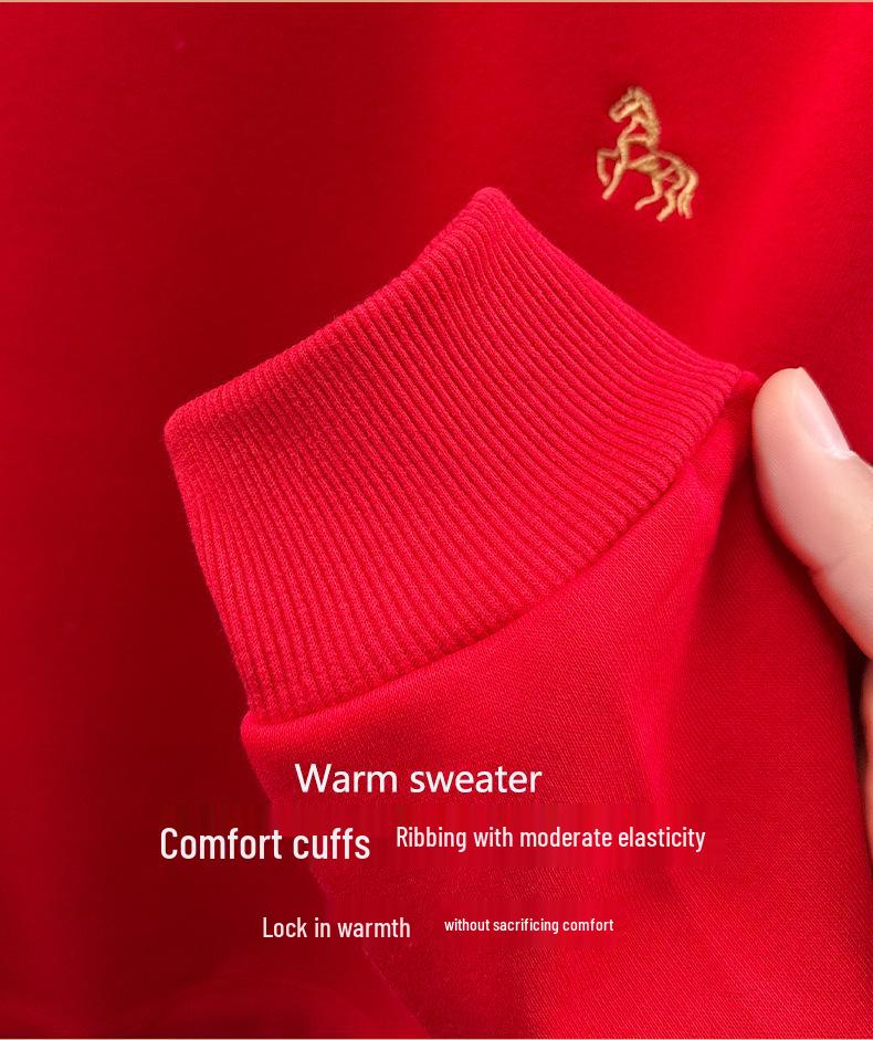 2025 Year of the Horse Men's Red Hoodie - Winter Warmth, Plus Velvet, Thickened, Round Neck