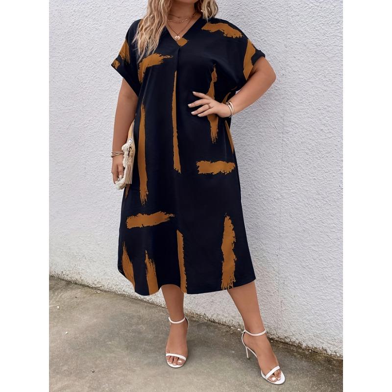 Plus Size, Plus Size V-Neck Short Sleeve Printed Loose Dress