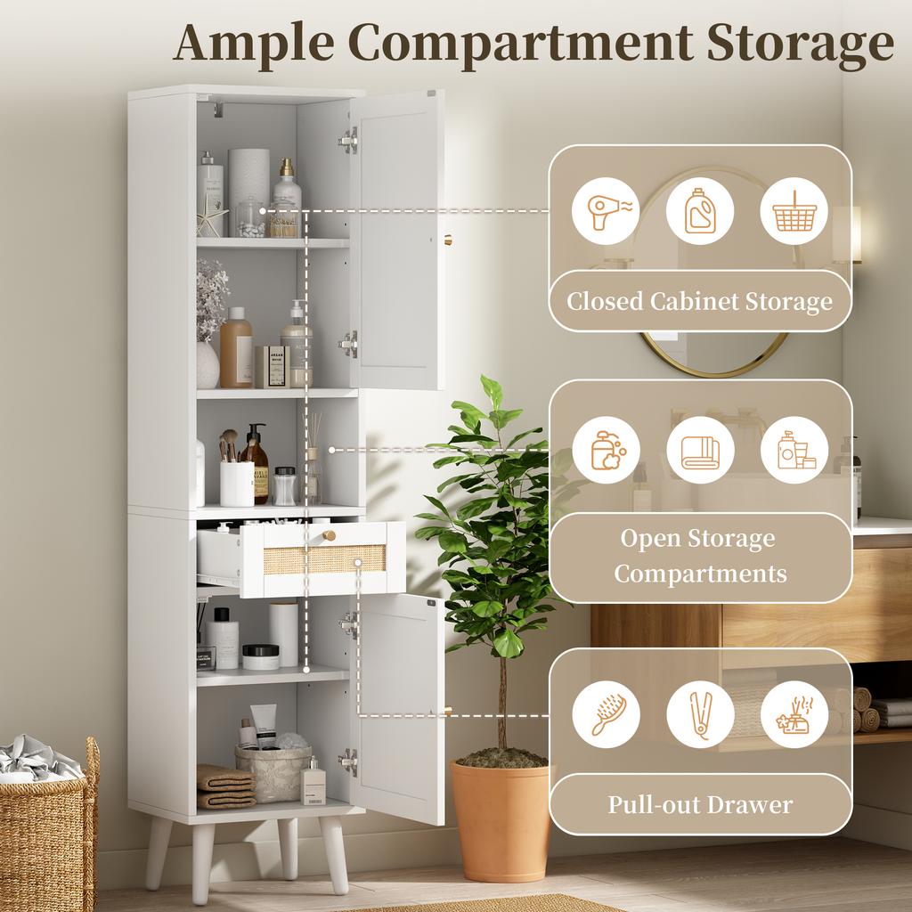 Hoher Stand-Badezimmerschrank, Rattan-Türen, Links-Rechts umkehrbar, Schublade, Magnetverschluss, Soft-Close-Scharniere, 40×30×166 cm, Weiß