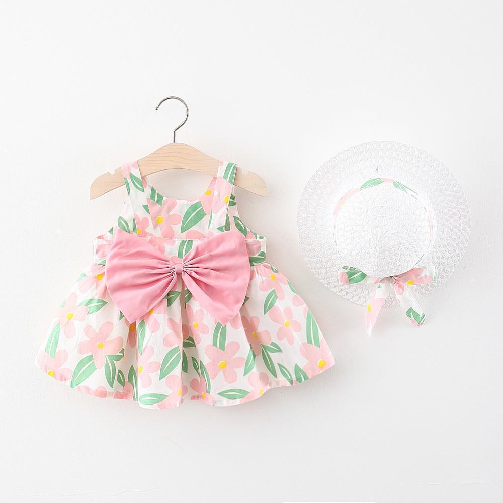 A749 Summer Baby Girl Princess Dress with Big Bow & Flower Skirt, Includes Hat, for Ages 1-4