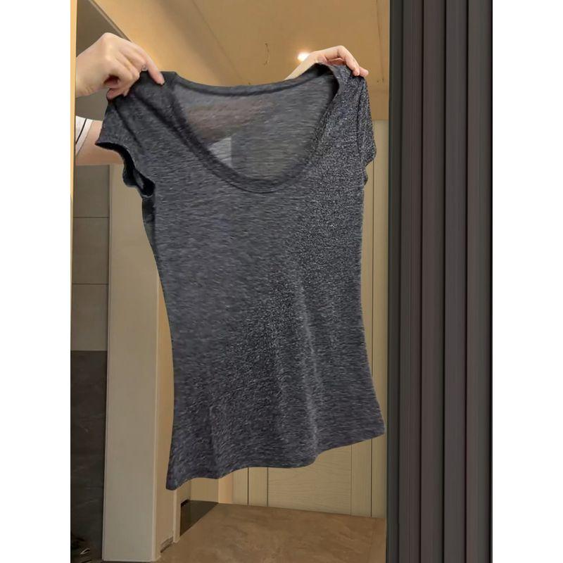 

Сексуальная футболка с U-образным вырезом в европейском и американском стиле для женщин, лето 2025, облегающая, стройнящая, шикарная, красивая, модная, серая, с коротким рукавом Dark gray M