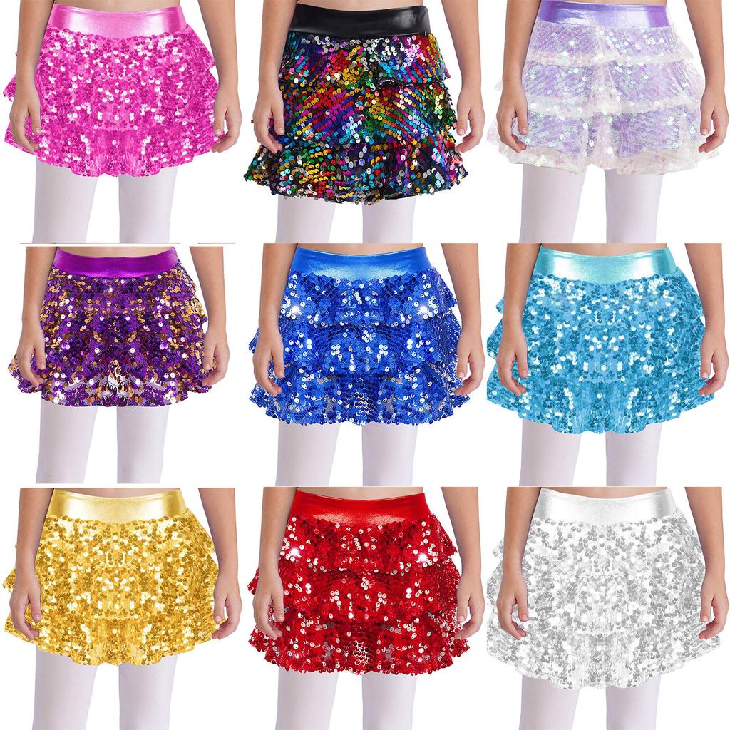 Kids Girls Sequin Metallic Skirted Shorts Jazz Latin Dance Outfits Performance Costume Dancewear