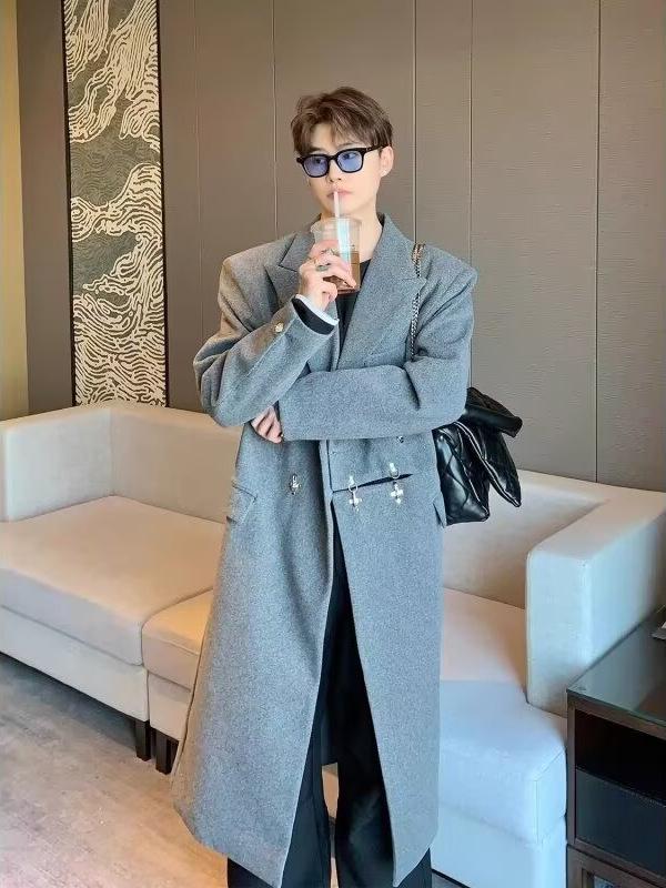 Men's Autumn/Winter 2025 Trendy Woolen Lapel Trench Coat - Scruffy Cool Mid-Length Outerwear
