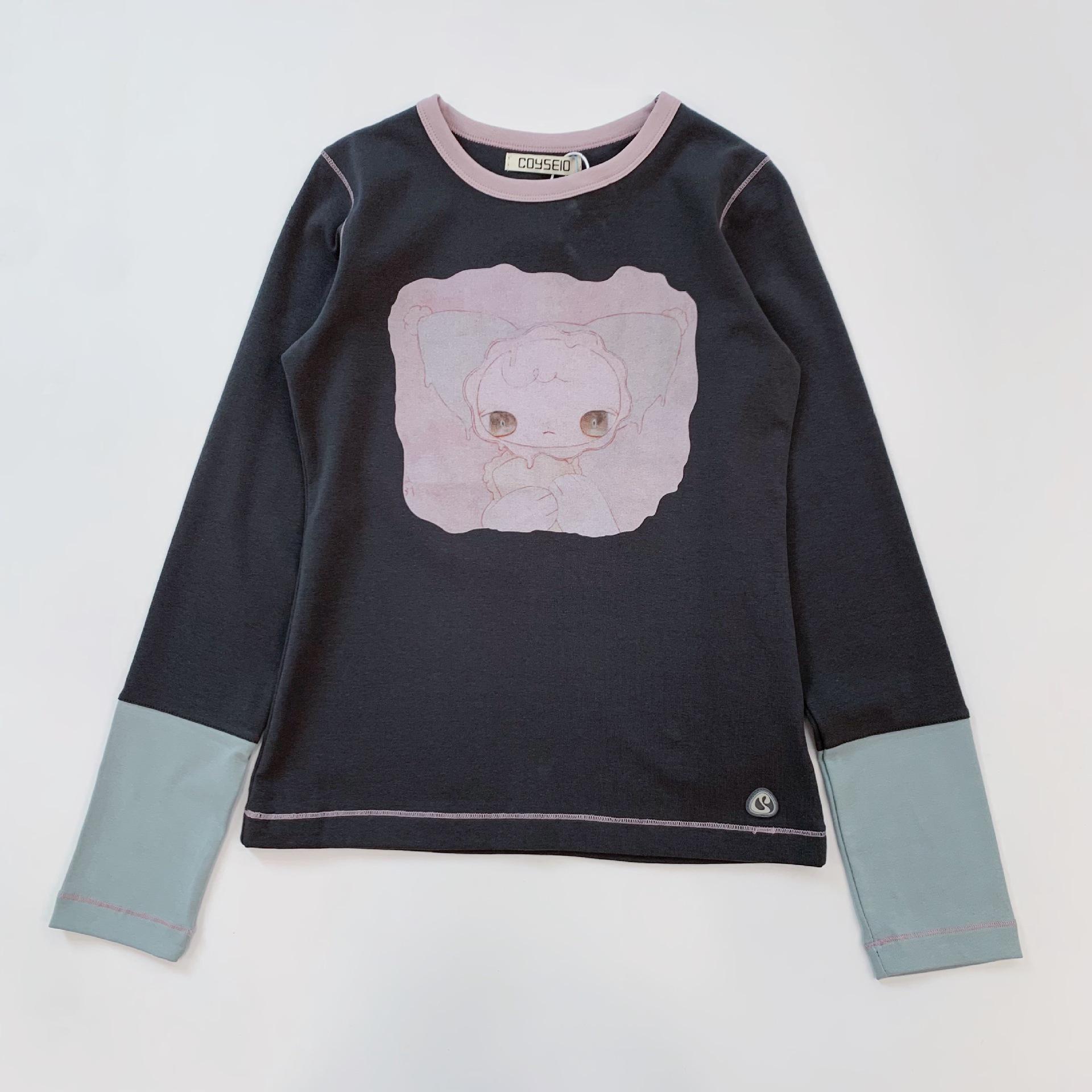 

Korean Cute Doll Print Color Block Long Sleeve Slim Fit T-shirt Medium