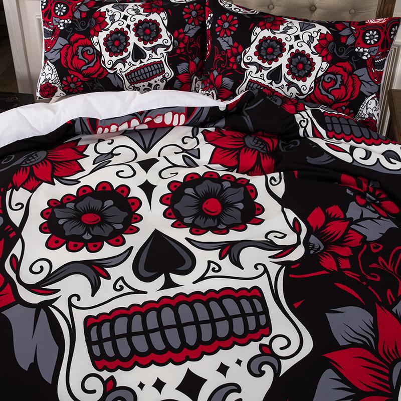 3D skull bed linen set cartoon watercolor rose flower skull quilt cover cushion cover queen size white bed cover set