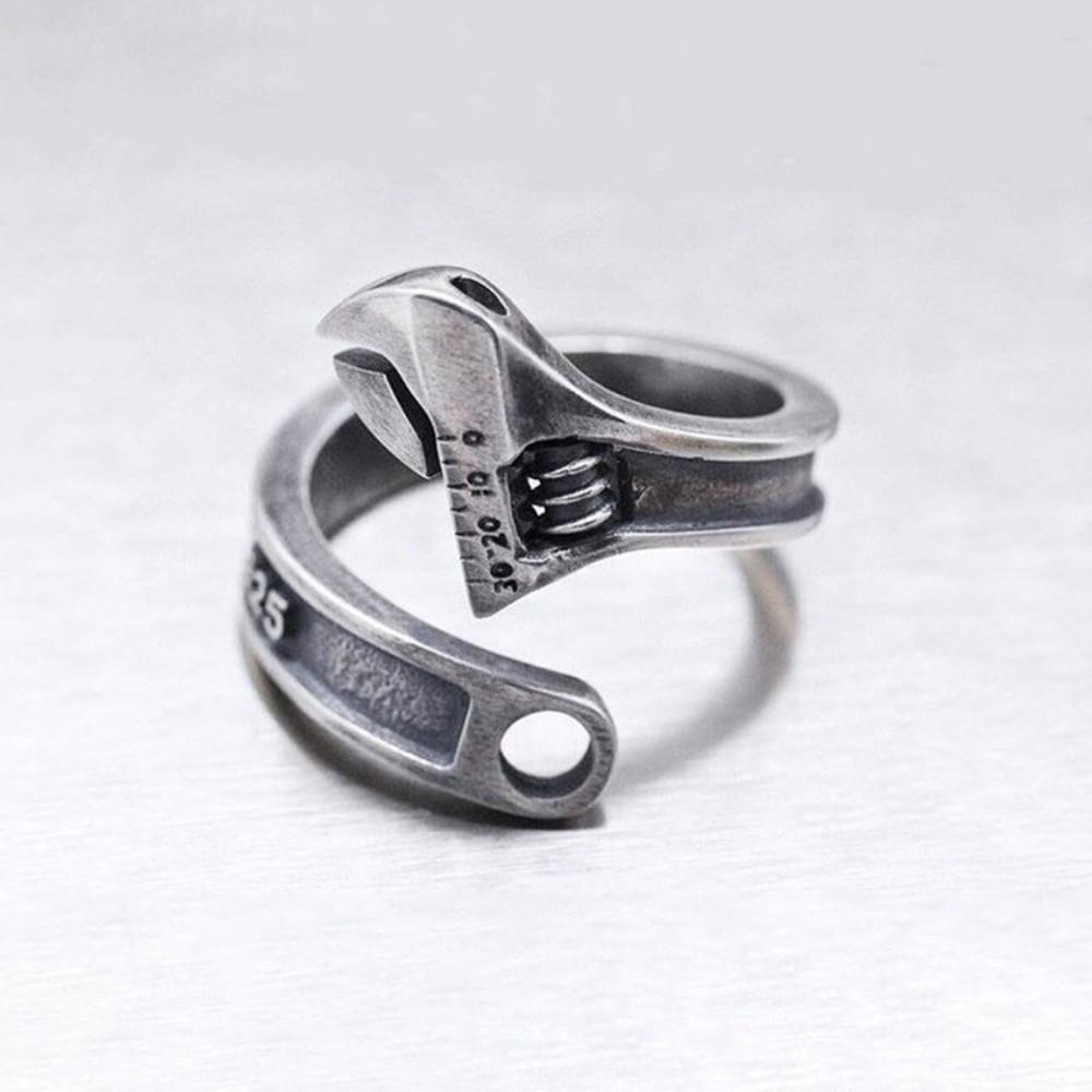 Heavy Duty Spanner Finger Ring Silver Plated Biker Jewelry Wrench-Shaped Open Ring Boys Girls
