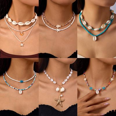 Ευρωπαϊκά και Αμερικανικά Κοσμήματα Παραλιακό Κολιέ με Κοχύλια για Διακοπές στη Χαβάη Διπλό Στρώμα Κολιέ με Κελύφη Ωκεανού Αλυσίδα Κλείδας
