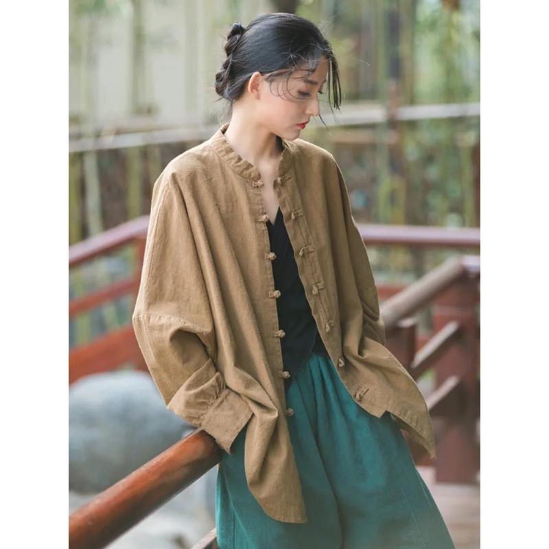 Johnature Women Chinese Style Linen Shirts and Tops Stand Long Sleeve Blouses Spring Solid Color Button Vintage Shirts