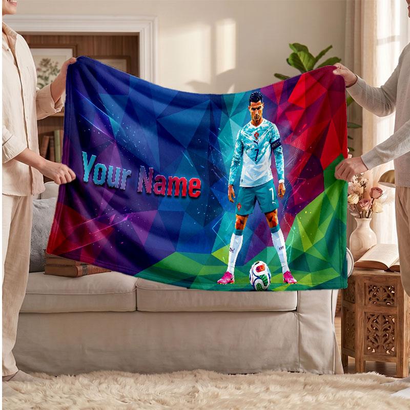 Cristiano Ronaldo Personalized Fleece Blanket With Football Logo, Custom Name Text Soft Warm Home Throw Blanket