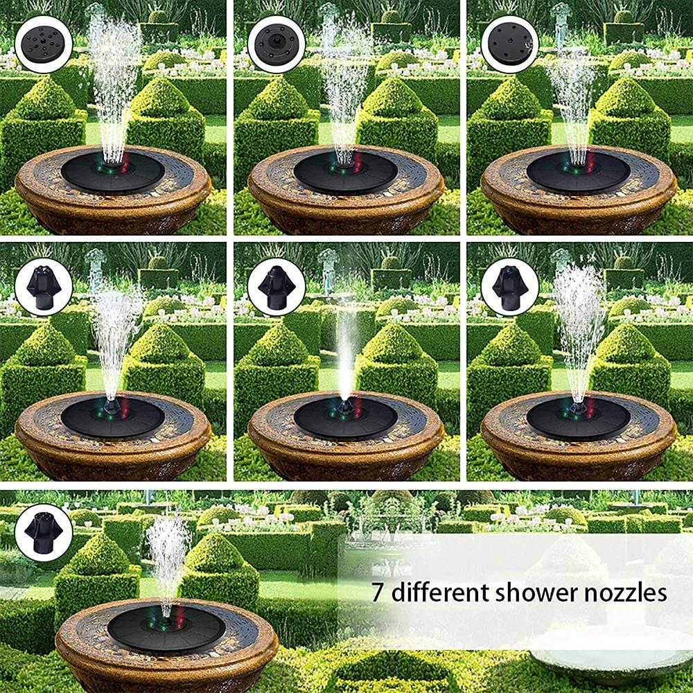 Muti-types Solar Bird Bath Fountains with 6 Colorful LEDs,7 Nozzle Safety Protection Solar Powered Water Fountain Pump