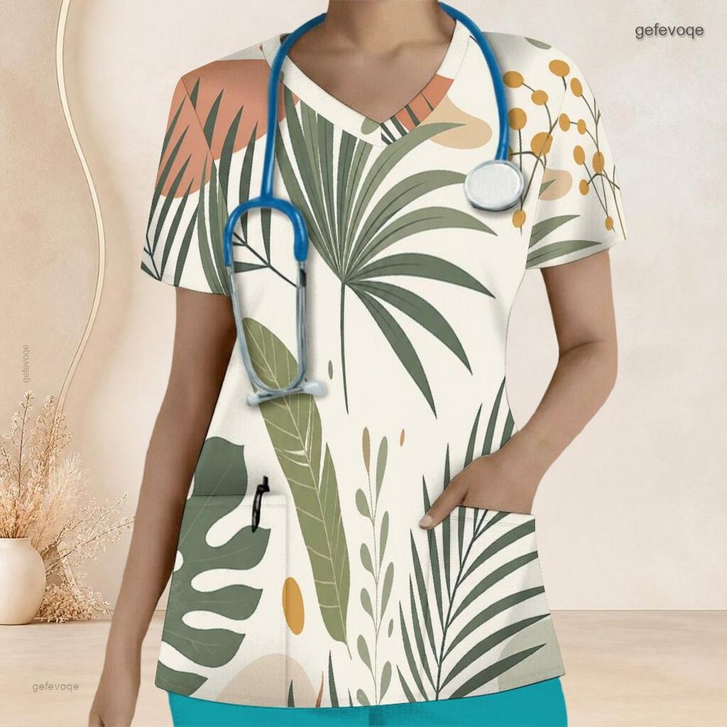 Women Plus Size Nurse Scrub Top V Neck Short Sleeve Tropical Leaf Printed With Front Pockets
