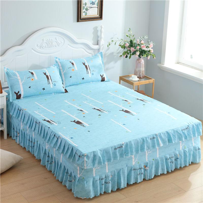 3PCS Bed Skirt Flower Printed Fitted Sheet Cover Home Graceful Bedspread Bed Linens Bedroom Decor Mattress Cover Pillowcase