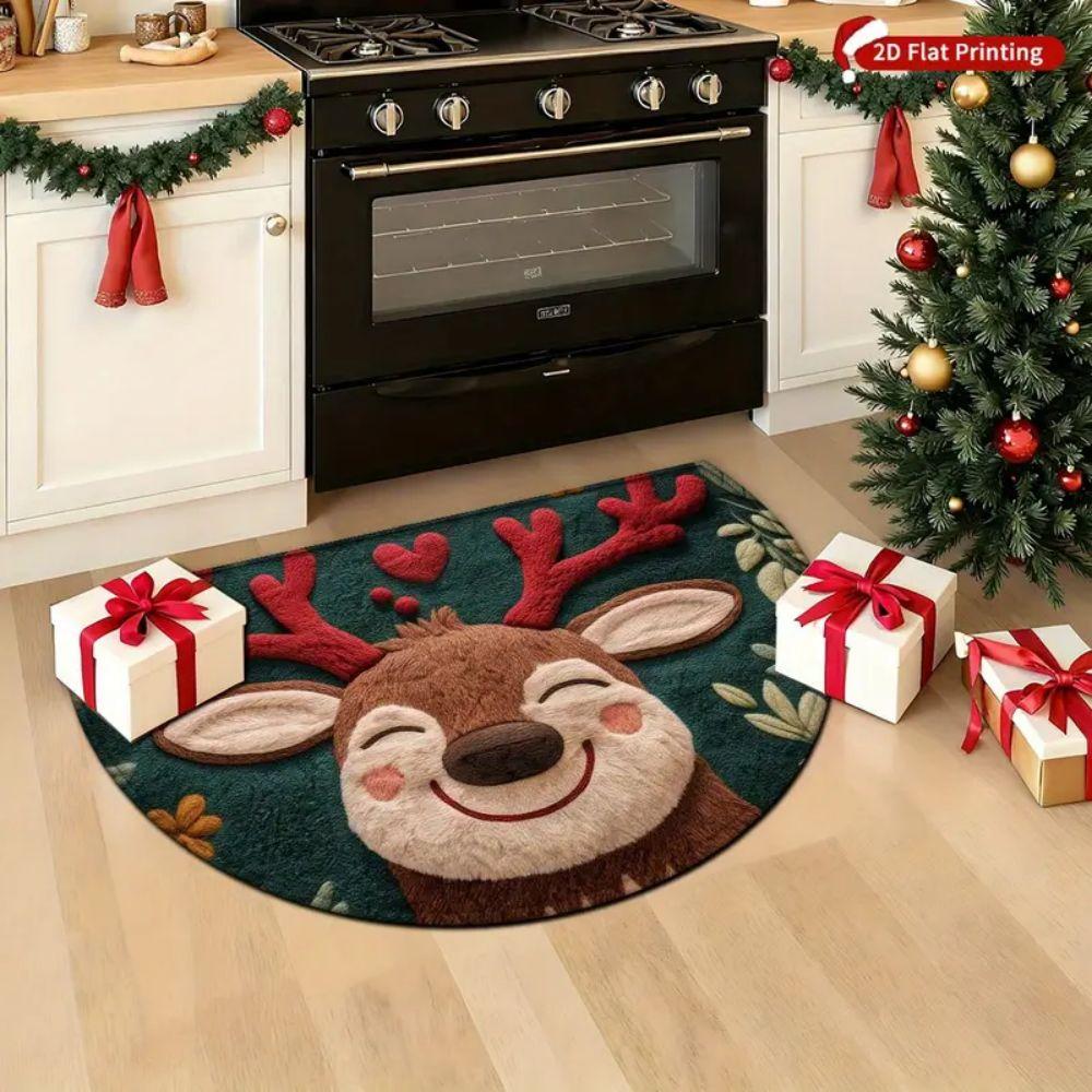 VIAMA Christmas Reindeer Semi-circular Floor Mat Anti-slip Entrance Rug Winter Bathroom Kitchen Floor Pad Home Decoration