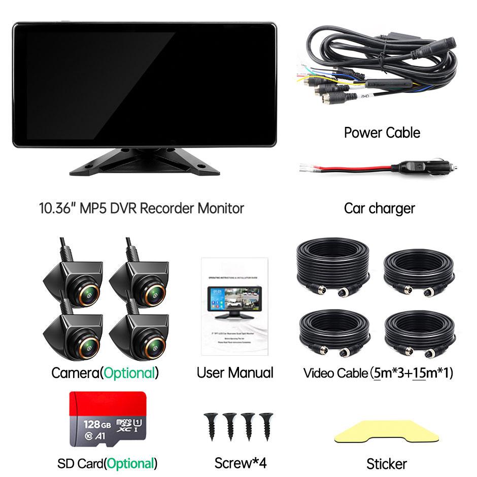 10.36" 4CH Split Screen Vehicle MP5 DVR Monitor with 4PCS 360 Mini AHD Front Rear Side Cameras For Station Wagon/RVs/SUV/MPV/Van