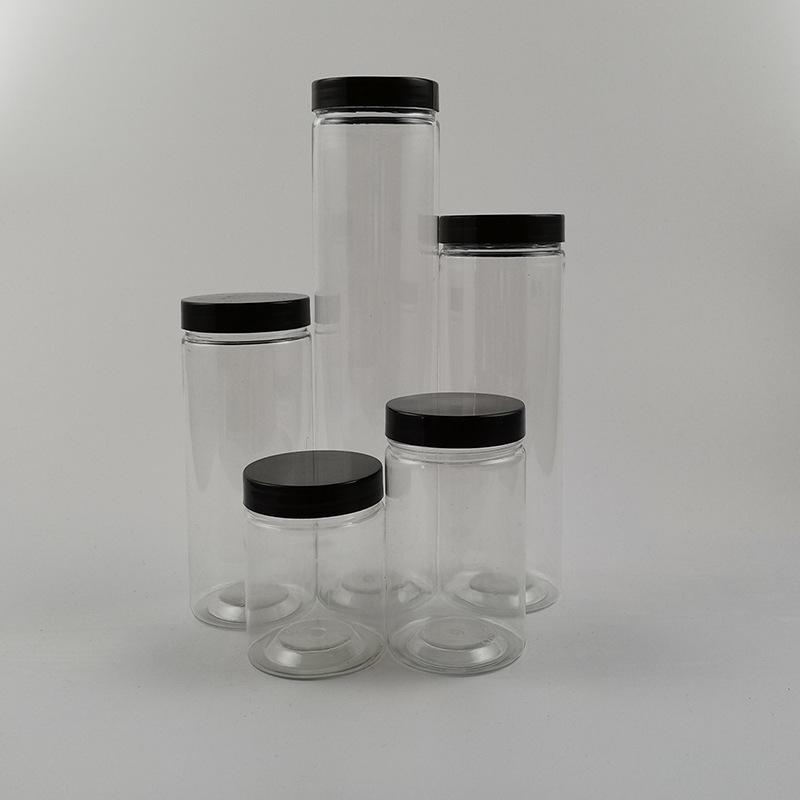 Black Lid Wide Mouth PET Food Jar for Snacks, Nuts, Grains, and Honey.
