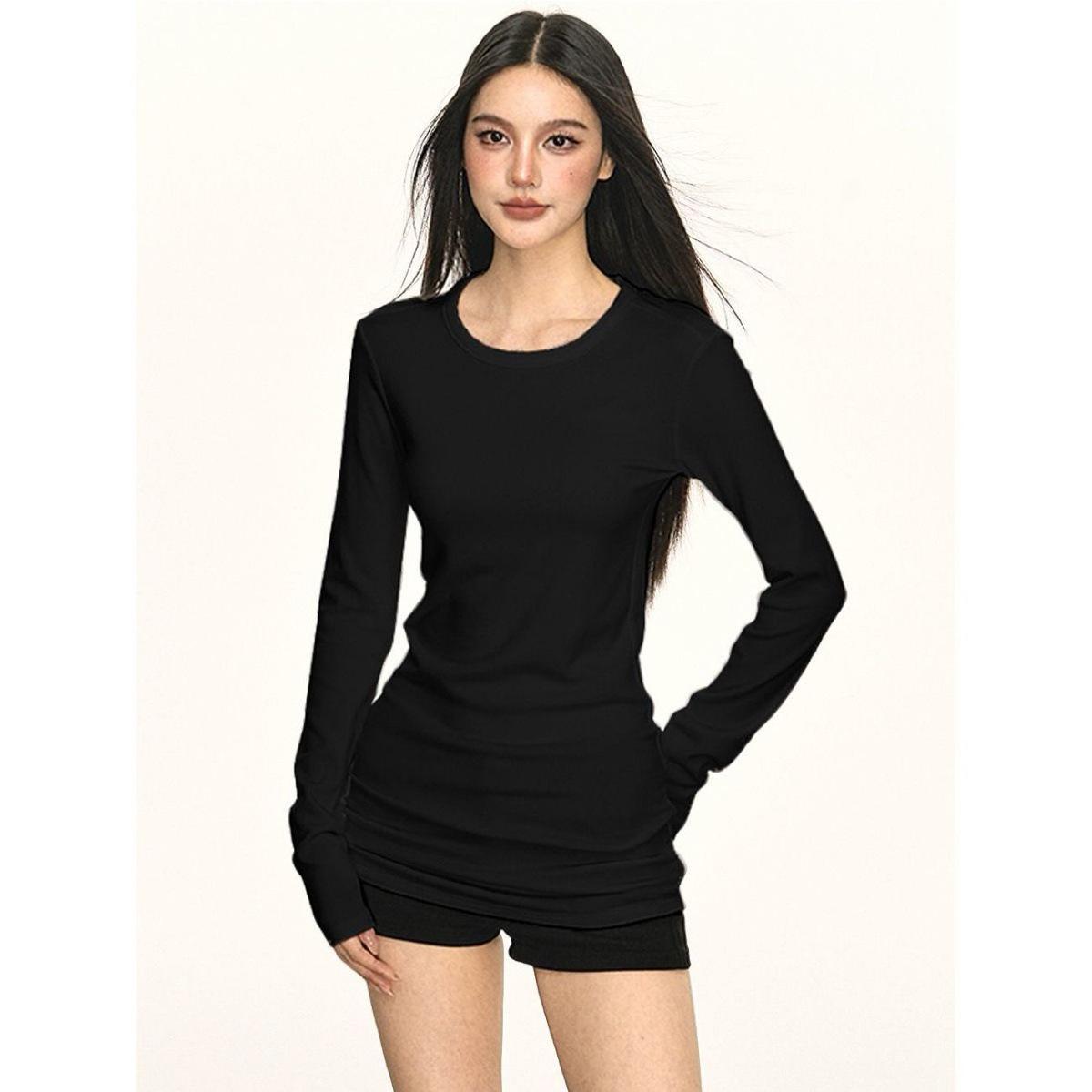 

Early Summer Women s Round Neck Fleece T-Shirt - 270g, Double-Sided, Warm, Long Sleeve, Tight Fit, Casual Small чорний