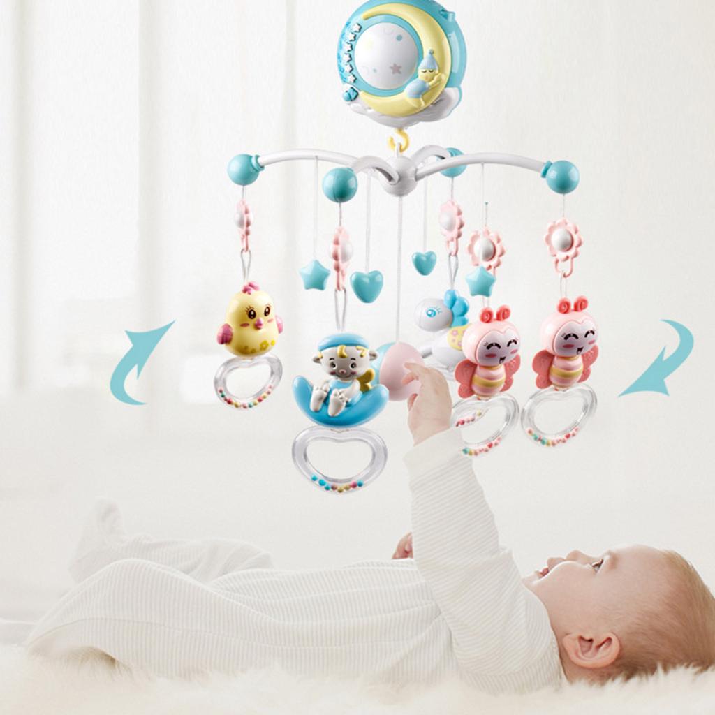 Baby Musikalisches Krippenmobile Hängende Rasseln und Fernbedienungs-Spieluhr mit Musik Nachtlichtern für Junge Mädchen 0-24 Monate