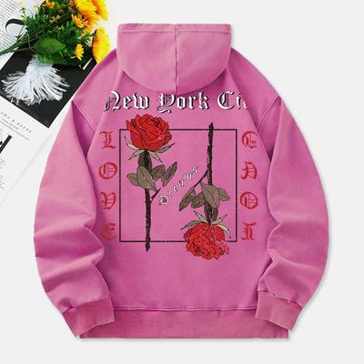 Rosefarbener gewaschener Hoodie Damen Vintage Buchstaben-Print Baumwolle Streetwear Distressed Oversized Tasche Damenbekleidung