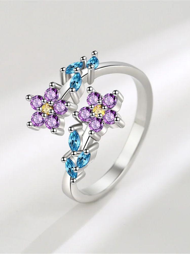 Charm Female Rainbow Zircon Stone Leaf Flower Adjustable Open Ring Gold Silver Color Cute Gift Wedding  For Women