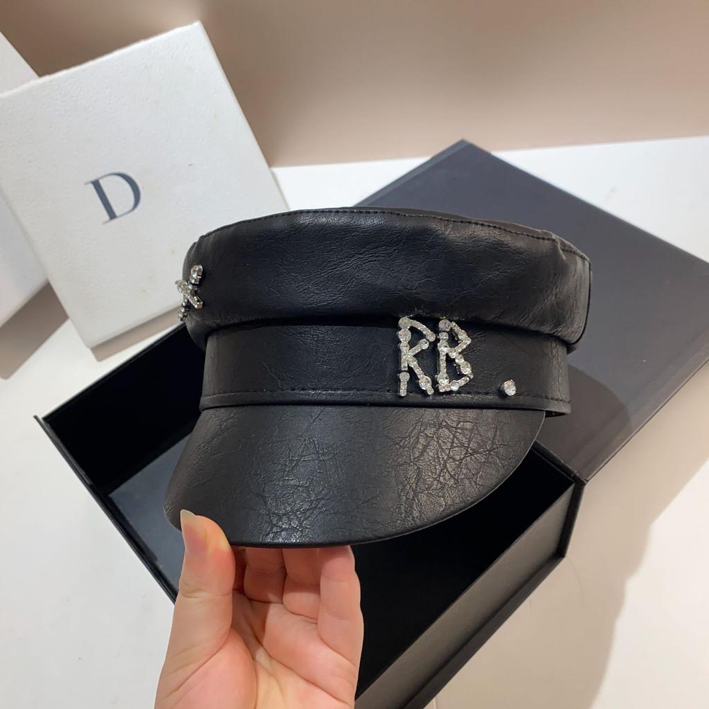 R Leather Navy Hat, European Station Versatile Black Newsboy Hat Women'S Spring And Autumn Fashionable Flat Top Cap