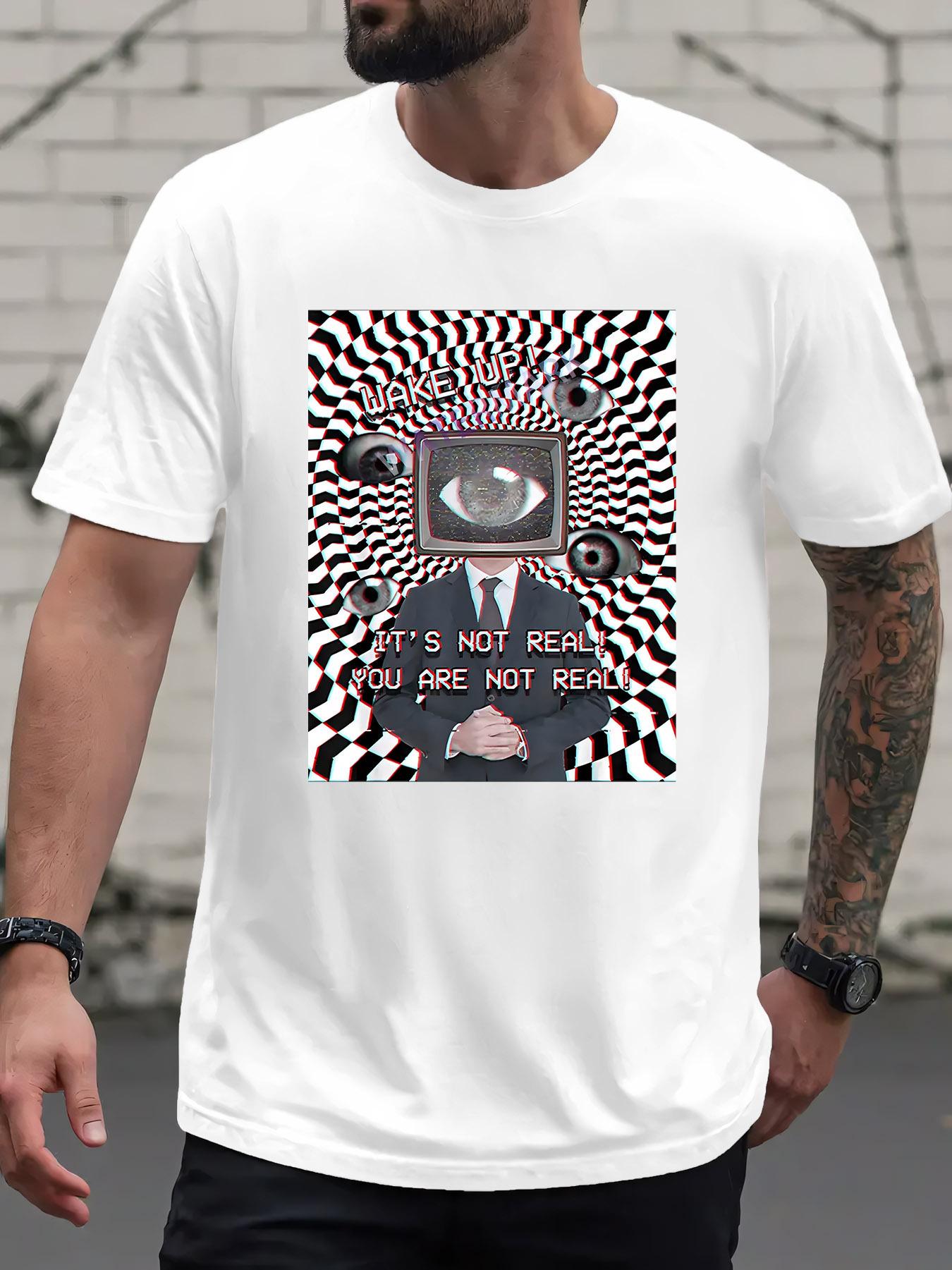 

Psychedelic Visual Warning Print Short Sleeve T-shirt - Bold YOU ARE NOT REAL Graphic Tee with Swirling Patterns XXL