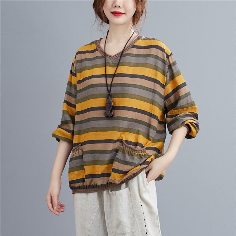 Футболка в полоску из хлопка и льна в стиле ретро — фото 7