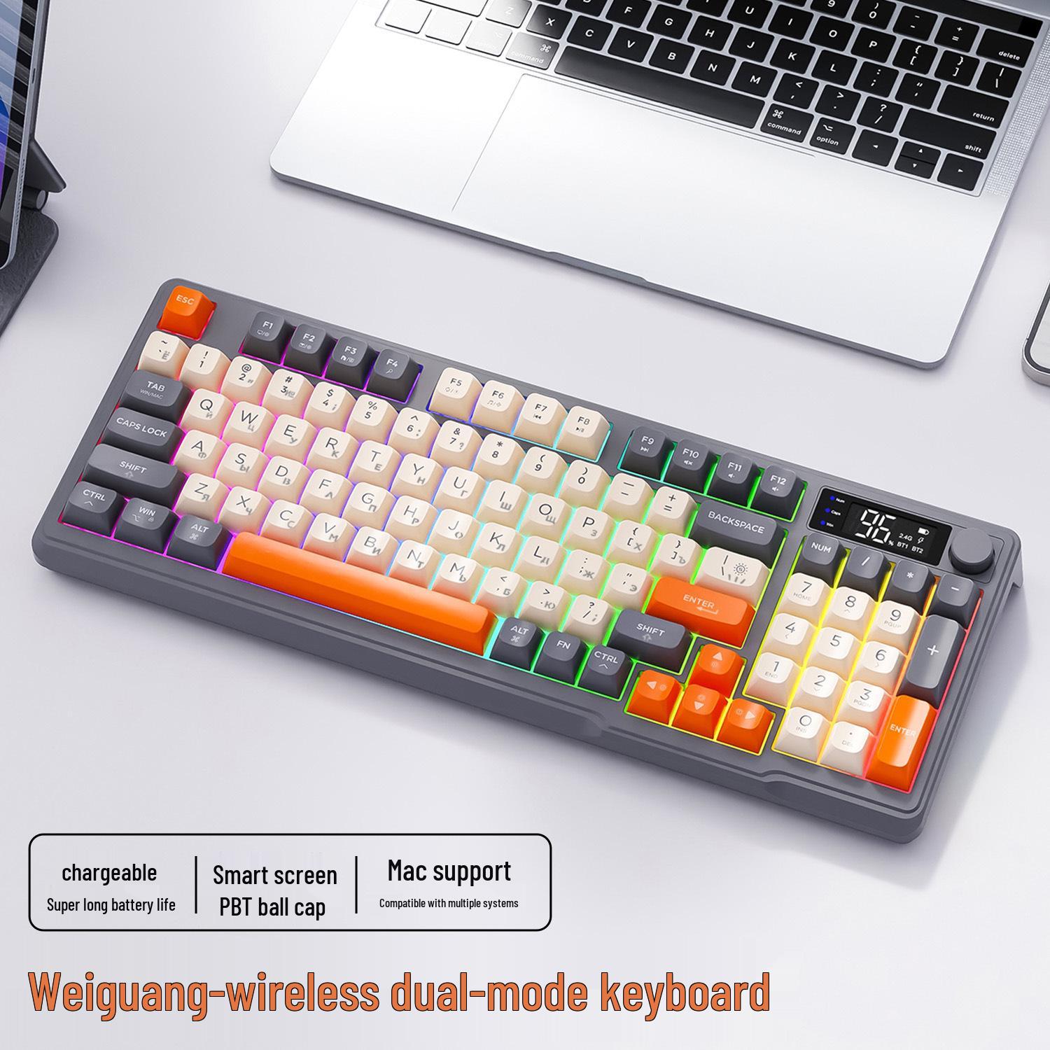 

Беспроводная Bluetooth двухрежимная игровая клавиатура Free Wolf M96 с PBT кейкапами и дисплеем.