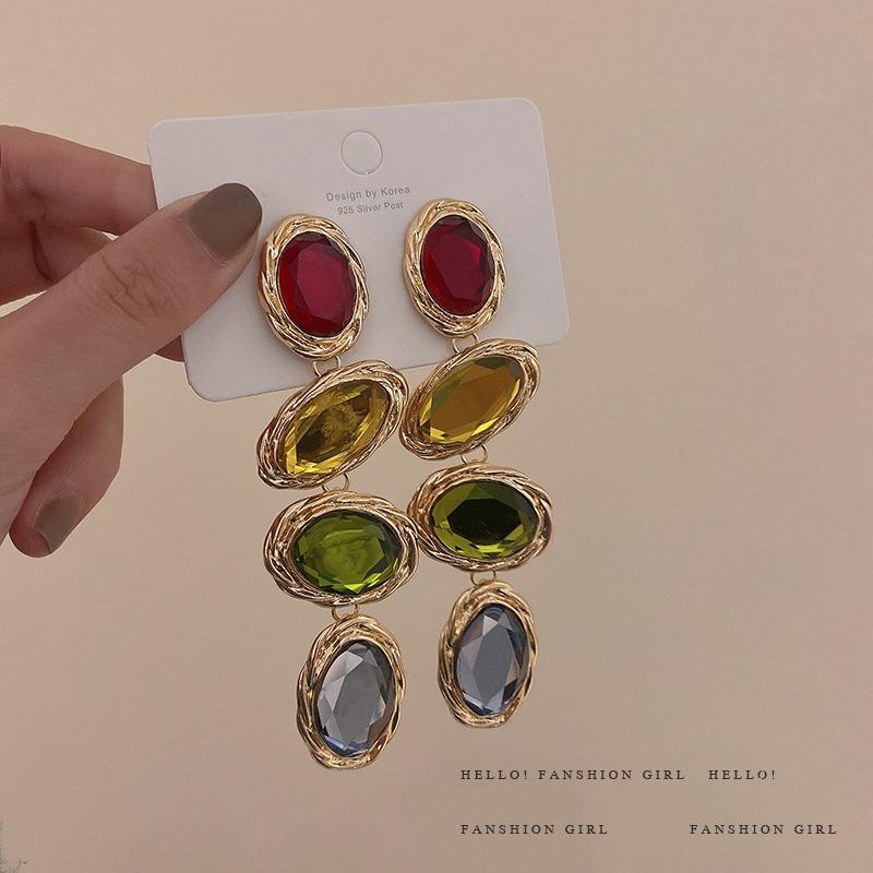 Exaggerated candy color long rhinestone earrings temperament fashion earrings retro design personalized earrings women