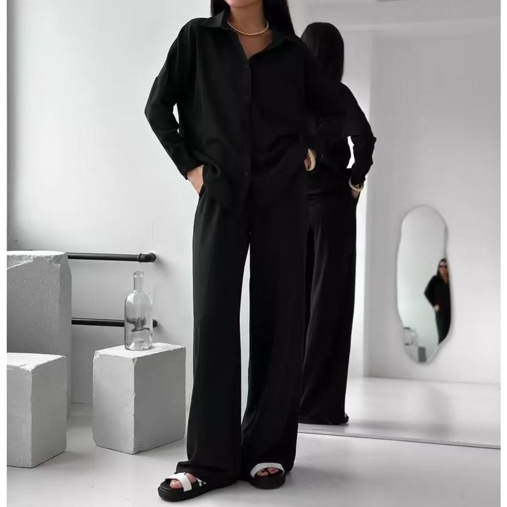 Women's 2-piece Solid Color Cardigan With Pocket Fashion Casual Wide Leg Pants Set European American Trendy Outfit