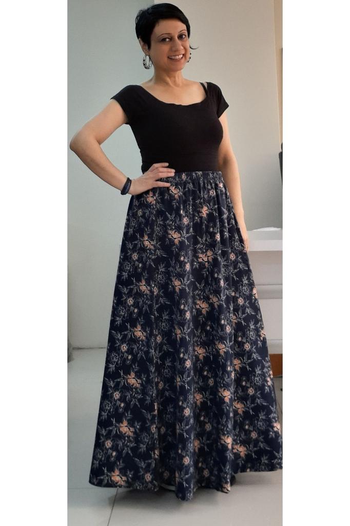 Women's Style Big Size Skirt Navy Blue Floral Patterned 6 Piece Combed Cotton Skirt