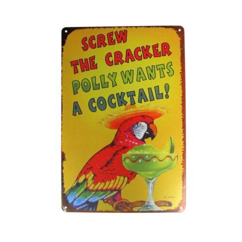 

Funny Parrot Screw Cracker Polly Wants Cocktail Metal Tiki Bar Sign Wall DecorAluminum 20x30cm（7.8x11.8inch）