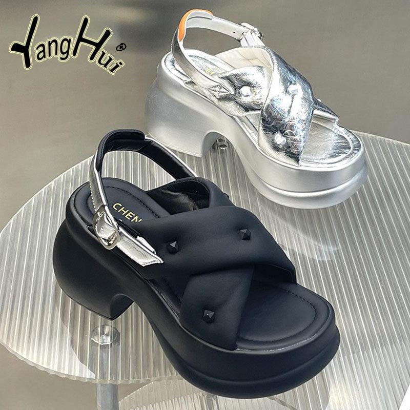 Color Matching Rivets Accessories Women's Sandals Comfortable 2024 Fashion Elevated Thick Bottom Anti-slip Silver Sandals Summer