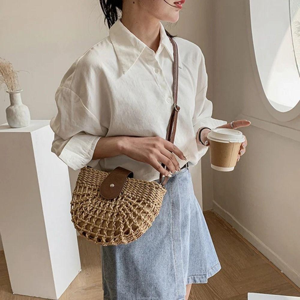 Trendy Bohemian Weave Straw Shoulder Bag Hollowed Out Large Capacity Semicircle Crossbody Bag Handbag Rattan Beach Bag Picnic