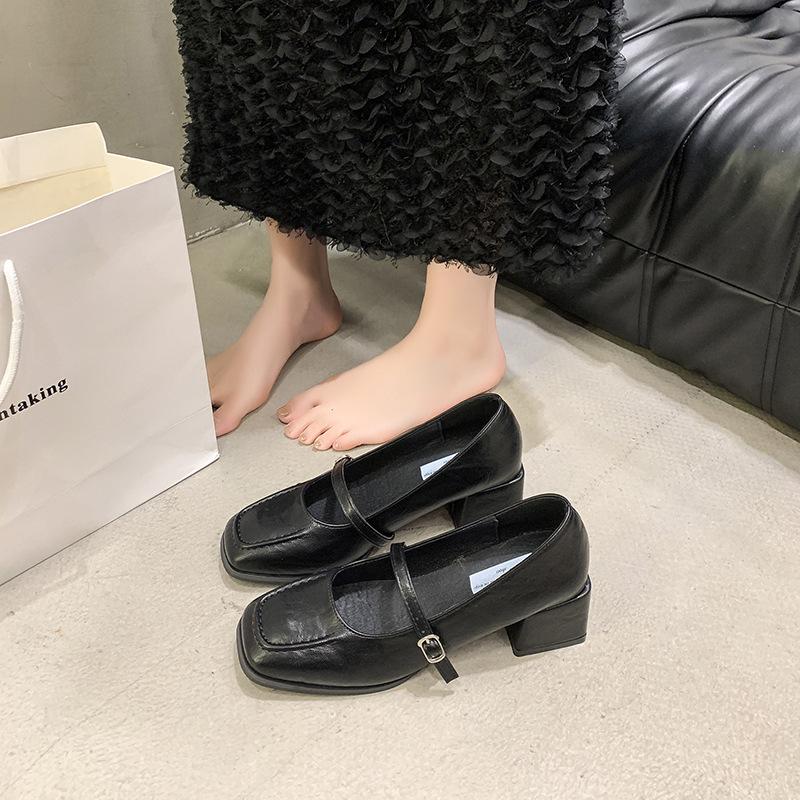 French Thick Heel High Heels Square Head Small Leather Shoes Women's 2025 New Summer and Autumn with Skirt Loafers Mary Jane Single Shoes