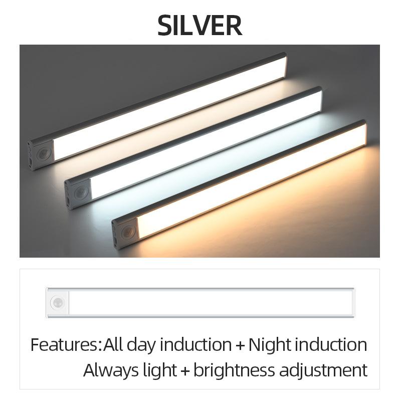 

Ночной светильник 20/30/40/50 см, ультратонкий светодиодный светильник для шкафа, датчик движения, беспроводной тип-c для освещения кухни, спальни, гардероба 3 Colors in 1 Lamp&Stepless Dimming&20CM серебряный