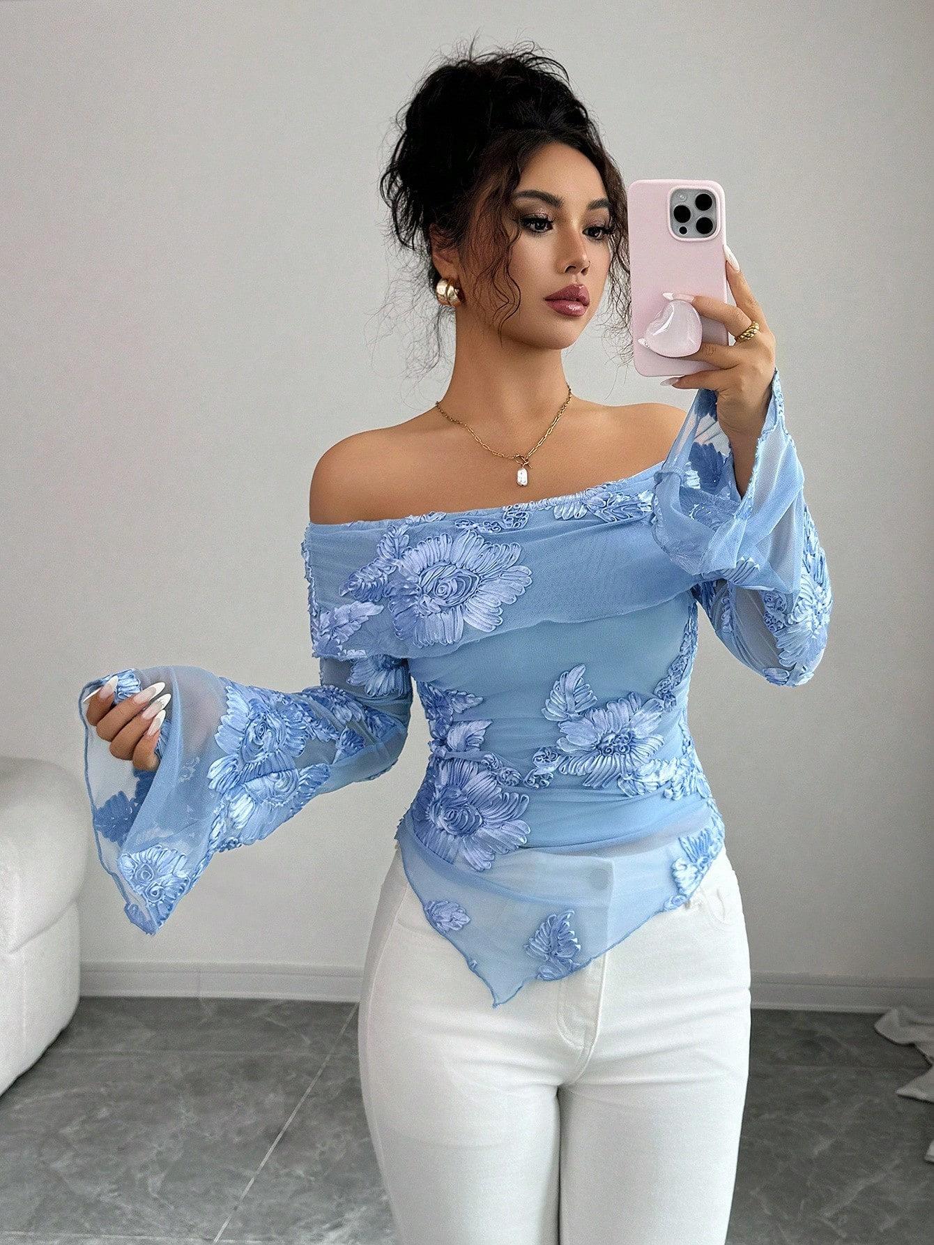 

Spring Off Shoulder Bell Sleeve Asymmetric Hem Embroidery Versatile Chic Top Women Fashion Daily Basic Casual Slim Fit Ladies Elegant Top S небесно-голубой