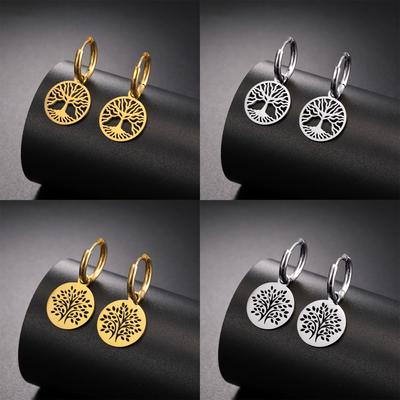 Round Tree of Life Stainless Steel Drop Earrings for Woman Girls 2023 Trendy Good Luck Earring Amulet Jewelry Party Gift