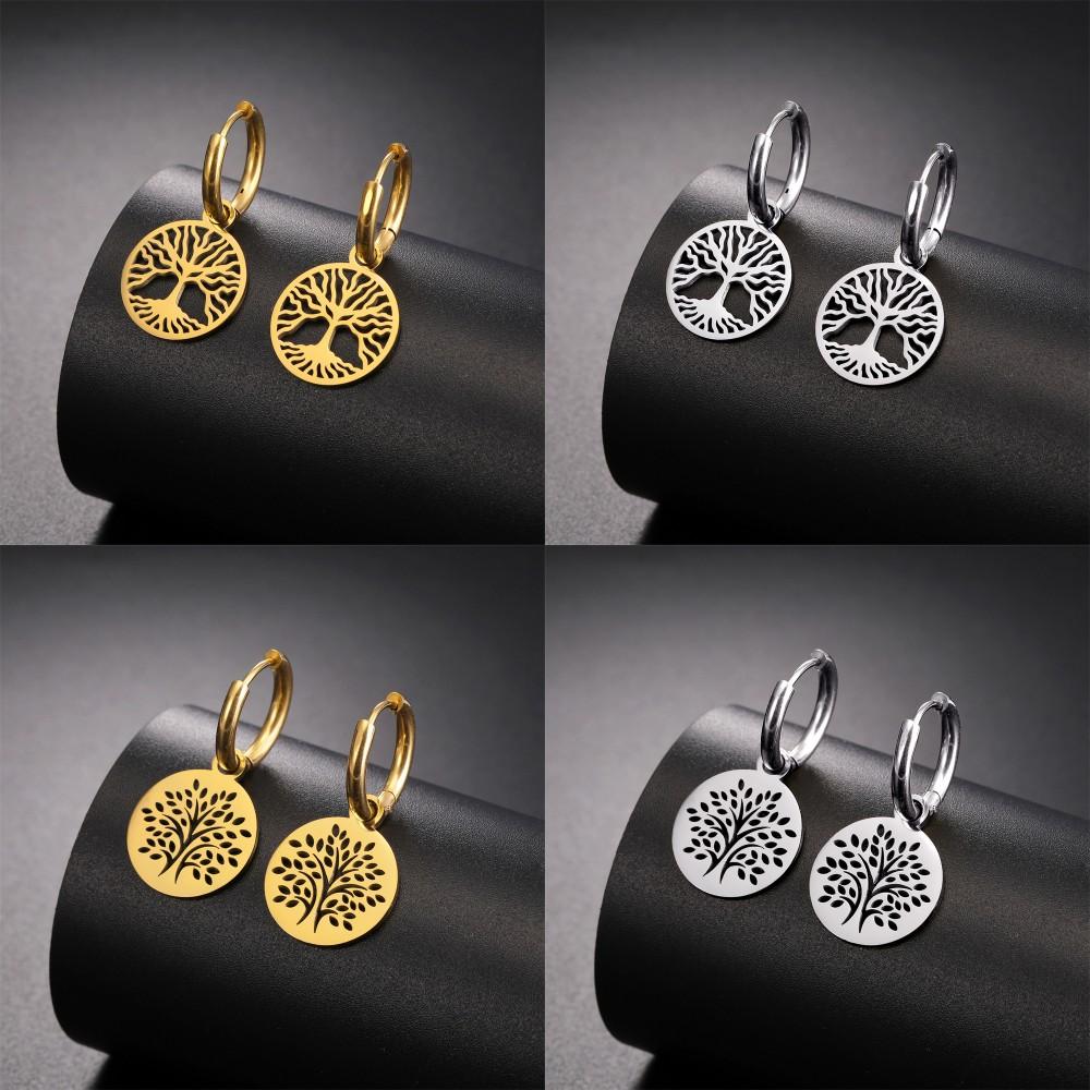Kulaté náušnice z nerezové oceli Strom života visací pro ženy Dívky Trendy Náušnice pro štěstí Amulet Šperky Party Dárek