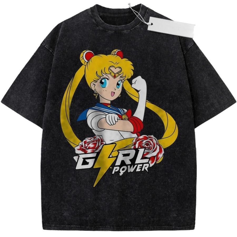 Unisex Washed Pink Vintage Tshirt Sailor Moon Girl Power Highquality Fabric for Home Leisure Travel Shopping