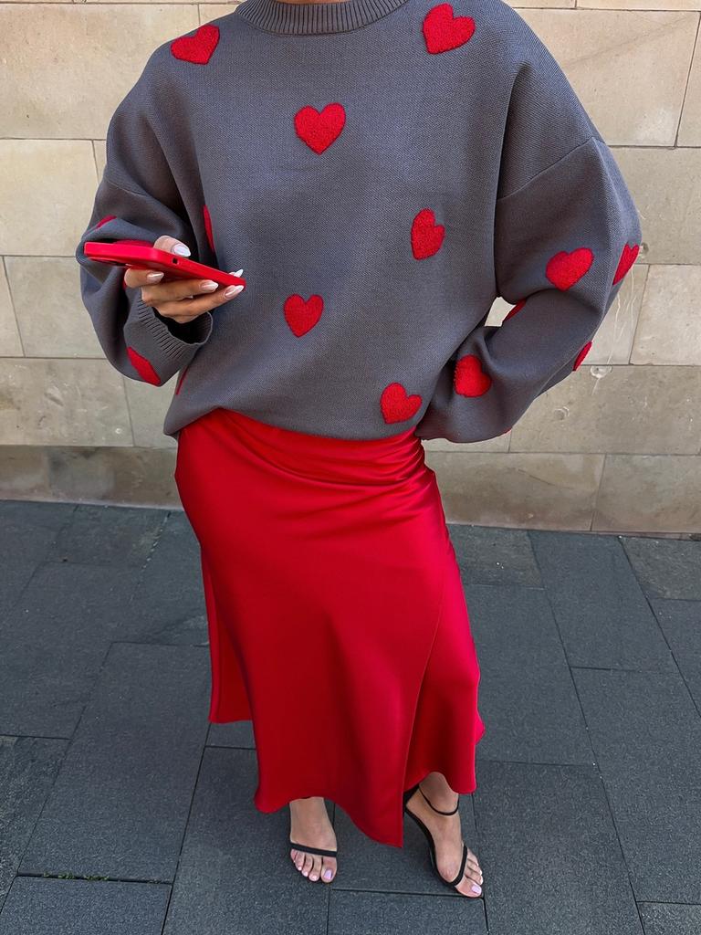 Früher Herbst Lässiger Stil Drapierter Rundhalsausschnitt Langarm Damen Wollpullover Herzfarbe Basisschicht Oberteil Herbst