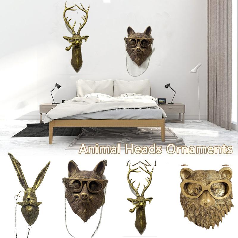 3D Animal Head Wall Mounted Resin Decor Ornament Hanging Sculpture Rabbit Deer Bear