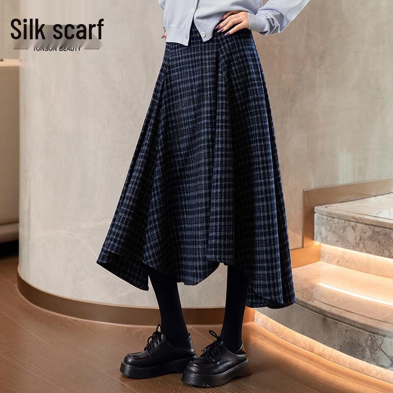 

Women s High-Waist Irregular Plaid Wool A-line Midi Skirt M