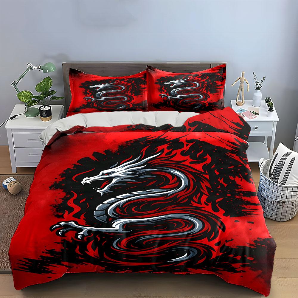 Silver Dragon, Red Flames. Bedding Sets Duvet Cover Sets Duvet Covers Pillowcases(1 * Duvet Cover 2 * Pillowcases Without Duvet Insert)