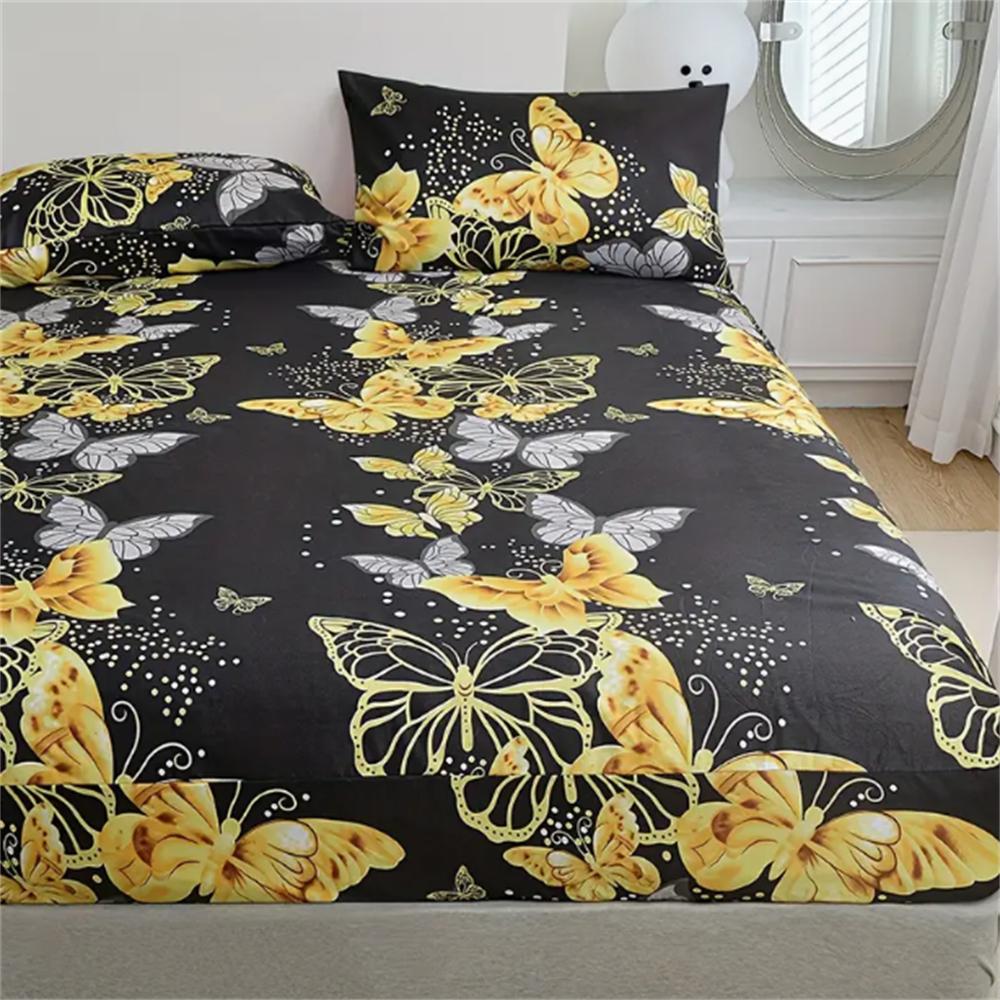 3pcs Butterfly Print Bedding Set - Ultra-Soft, Breathable, Stain-Resistant Fitted Sheet and 2 Pillowcases, Deep Pocket Design