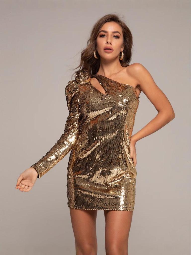 Sequin One-Shoulder Slim Fit Bodycon Dress - Long Sleeve, Perfect for Christmas & Birthday Parties