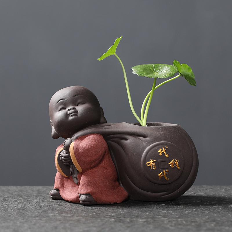 1PCS Ceramic Tea Pet Ornaments Small Buddha Statue Monk Figurine Desktop Flower Pot Hydroponic Plant Decoration Tea  Accessories