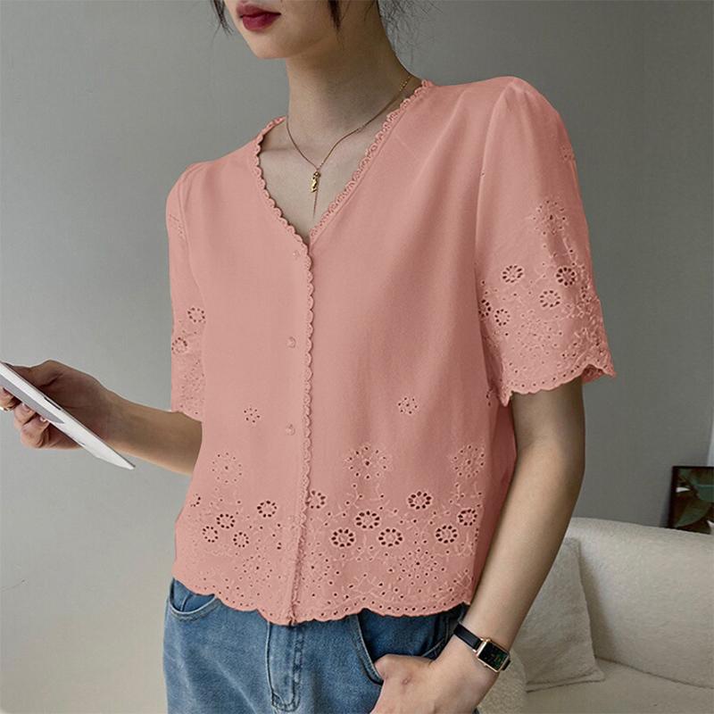 ZANZEA Blouse d'été décontractée à col en V pour femme, manches courtes, broderie dentelle